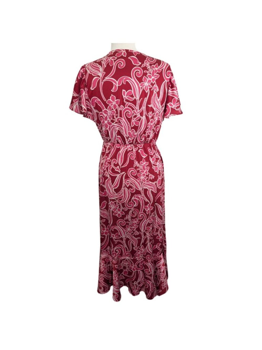 Nicole Miller New York Red Floral Wrap Midi Dress Size M Boho Cottage - Picture 4 of 16
